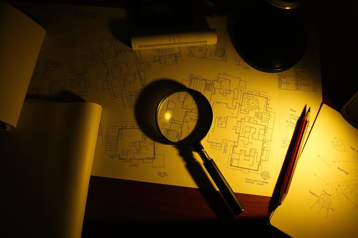 Magnifying glass over architectural blueprints under low warm light