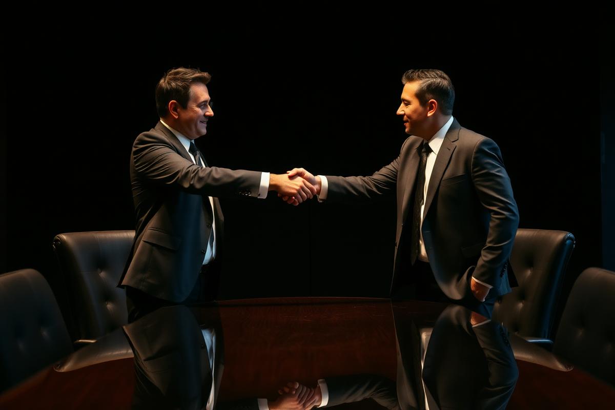 Two executives shaking hands across a polished boardroom table