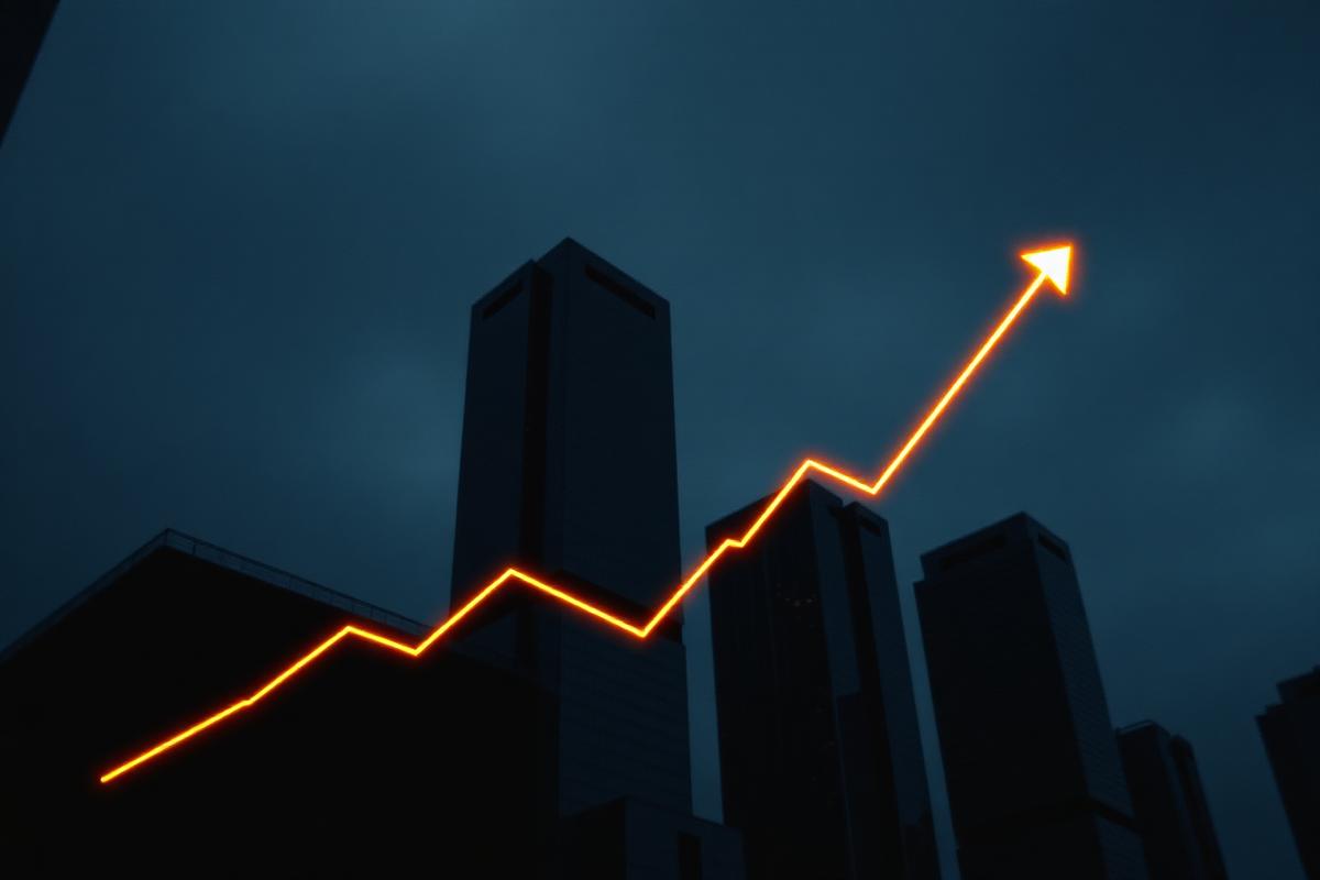 Ascending gold growth line over a city skyline at dusk